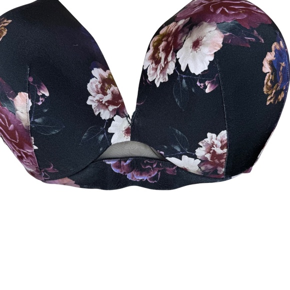 Cacique Black Purple Floral Lightly Lined Plunge Bra Women's Size 46DD - Picture 6 of 15